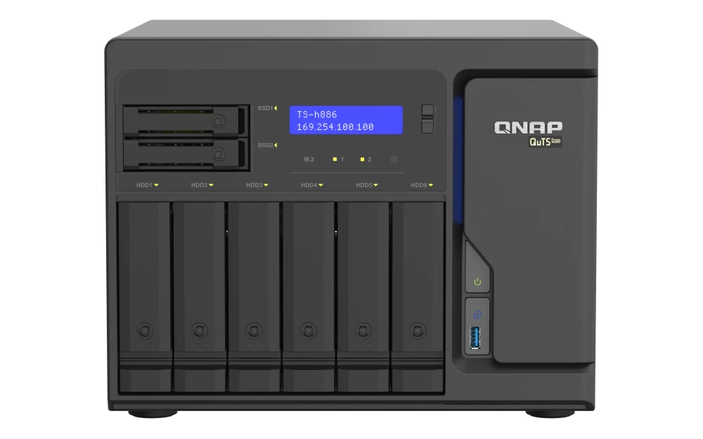 QNAP TS-h886-D1602-8G 8-Bay Enterprise NAS Storage Server with Xeon processor, ECC memory, NVMe slots, and 2.5GbE networking