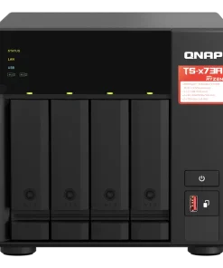 QNAP TS-473A-8G 4-bay NAS storage system front view showing drive bays, LED indicators, and tower desktop design