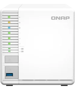 QNAP TS-364-4G 3-bay desktop NAS enclosure front view showing drive bays, LED indicators, and industrial design chassis