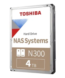 Toshiba N300 4TB NAS hard drive 3.5 inch SATA drive shown from top angle displaying label and connector ports