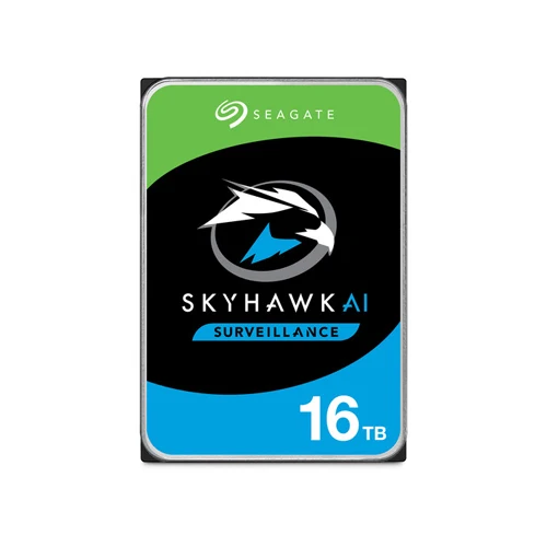 Seagate SkyHawk AI 16TB Surveillance HDD 3.5 inch SATA hard drive shown from top angle displaying label and connector ports