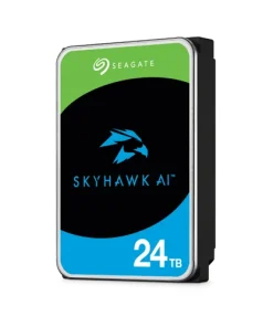 Seagate SkyHawk AI 24TB Surveillance HDD 3.5 inch SATA hard drive shown from top angle displaying label and connector ports