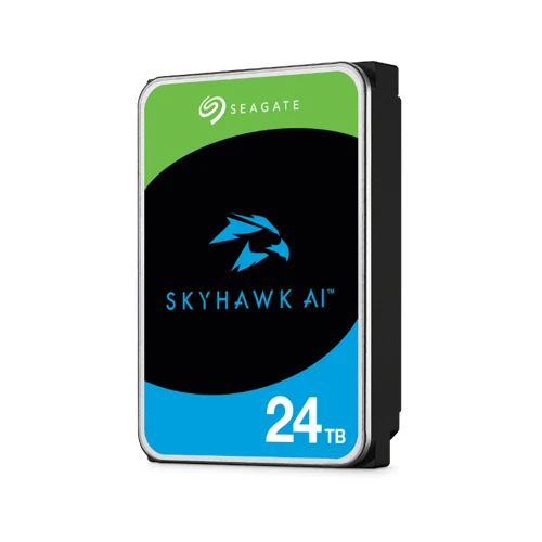 Seagate SkyHawk AI 24TB Surveillance HDD 3.5 inch SATA hard drive shown from top angle displaying label and connector ports