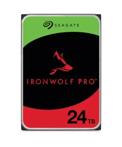 Seagate IronWolf Pro 24TB NAS hard drive 3.5 inch SATA drive shown from top angle displaying label and connector ports