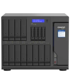 QNAP TVS-h1688X-W1250-32G 16-bay NAS storage system front view showing hybrid drive bays and tower desktop design