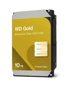 Western Digital Gold 10TB enterprise hard drive 3.5 inch SATA drive shown from top angle displaying label and connector ports