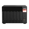 QNAP TS-673A-8G 6-bay NAS storage system front view showing drive bays, LED indicators, and tower desktop design