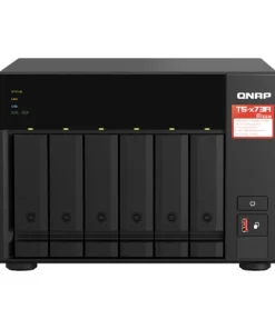 QNAP TS-673A-8G 6-bay NAS storage system front view showing drive bays, LED indicators, and tower desktop design