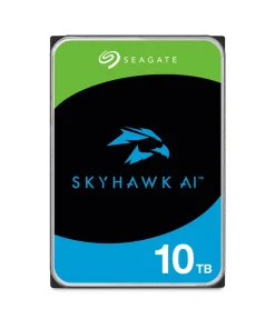 Seagate SkyHawk AI 10TB Surveillance HDD 3.5 inch SATA hard drive shown from top angle displaying label and connector ports