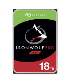 Seagate IronWolf Pro 18TB NAS hard drive 3.5 inch SATA drive shown from top angle displaying label and connector ports