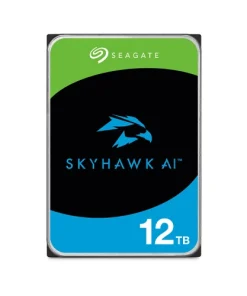 Seagate SkyHawk AI 12TB Surveillance HDD 3.5 inch SATA hard drive shown from top angle displaying label and connector ports