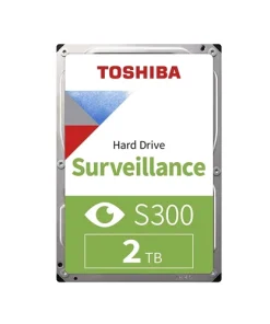 Toshiba 2TB S300 Surveillance HDD 3.5 inch SATA hard drive shown from top angle displaying label and connector ports
