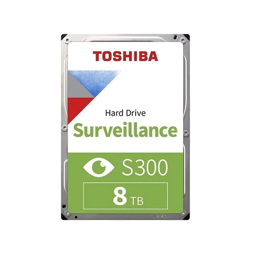 Toshiba 8TB S300 Surveillance HDD 3.5 inch SATA hard drive shown from top angle displaying label and connector ports