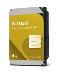 WD Gold 4TB enterprise hard drive 3.5 inch SATA drive shown from top angle displaying label and connector ports