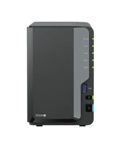 Synology DiskStation DS224+ 2-bay NAS storage server front view showing drive bays, LED indicators, and compact desktop design