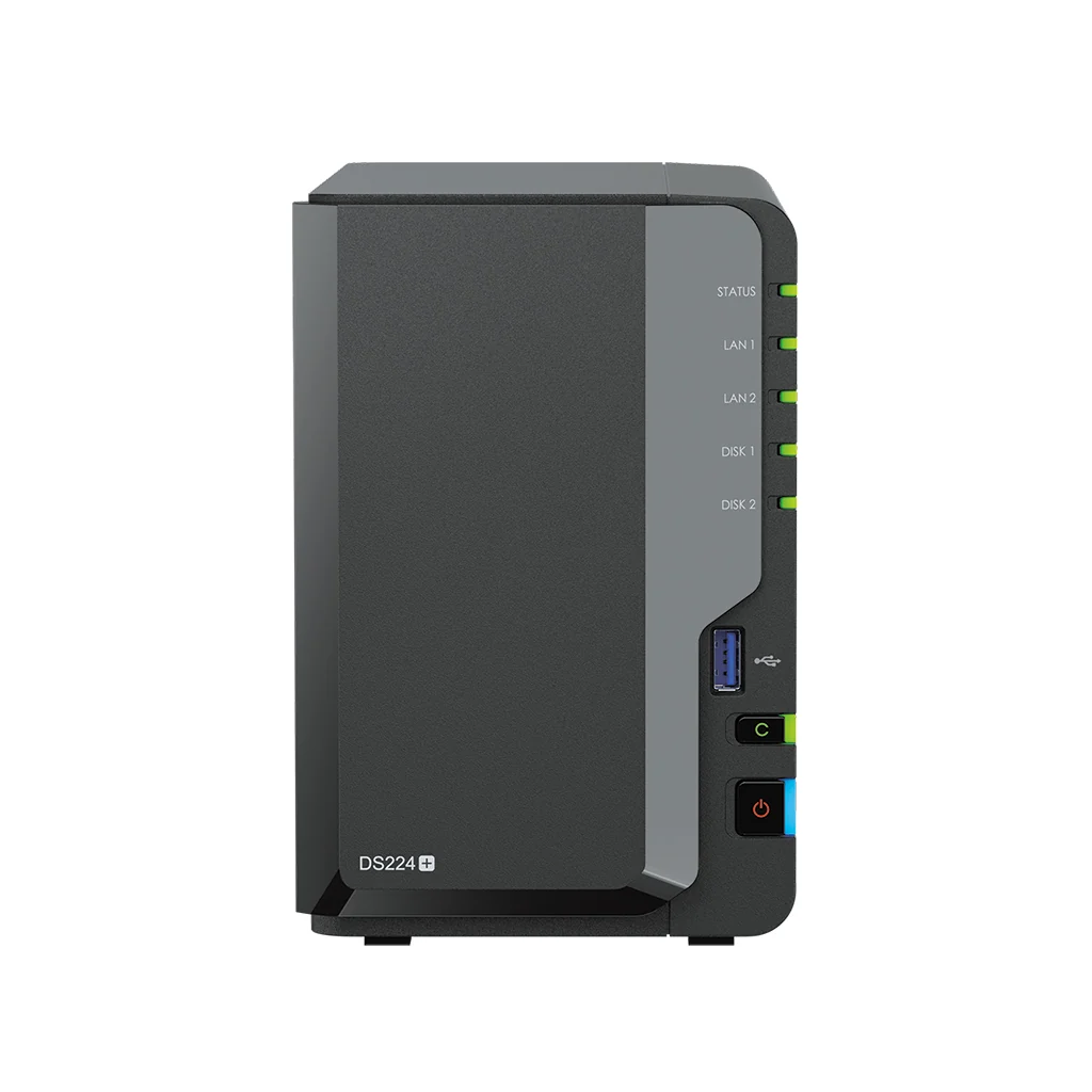 Synology DiskStation DS224+ 2-bay NAS storage server front view showing drive bays, LED indicators, and compact desktop design