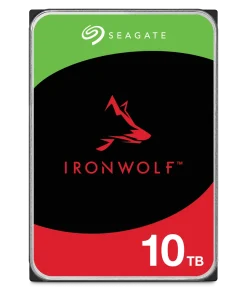 Seagate IronWolf 10TB NAS hard drive 3.5 inch SATA drive shown from top angle displaying label and connector ports