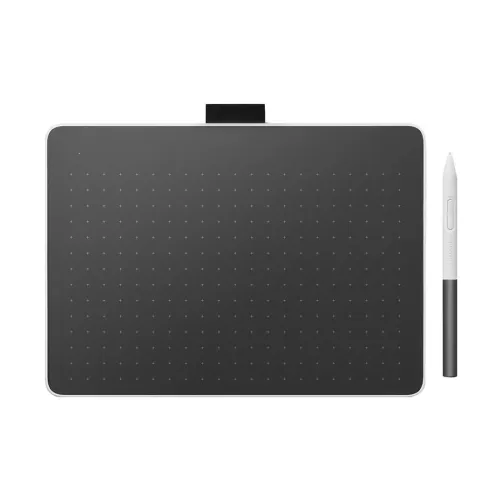 Wacom One S small Bluetooth graphics drawing tablet shown with battery-free pen and compact black tablet surface