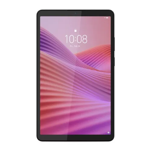 Lenovo Tab One 8.7 inch tablet in Luna Gray shown with included clear protective case and dual-tone metal design