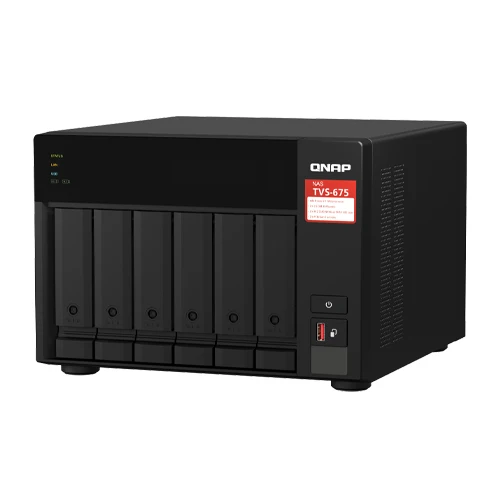 QNAP TVS-675-8G 6-Bay NAS Storage Server with 8-core processor, 8GB DDR4 memory, M.2 slots, and 2.5GbE networking