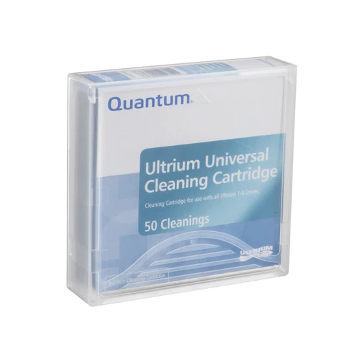 Quantum MR-LUCQN-01 Universal LTO cleaning cartridge shown displaying casing and label design for tape drive maintenance