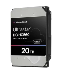 WD Ultrastar DC HC560 20TB data center hard drive 3.5 inch SATA drive shown from top angle displaying label and connector ports
